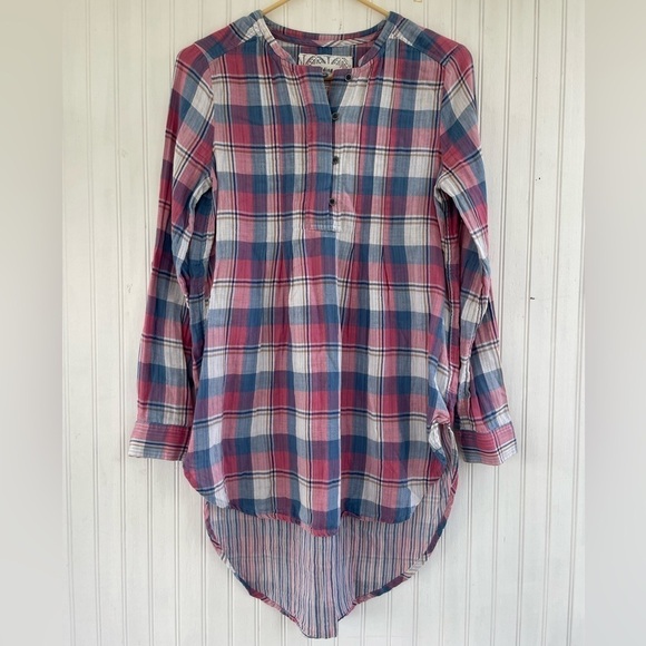Anthropologie Holding Horses Pink Blue Plaid HalfPenny Tunic Popover Top Size 4 - Picture 1 of 9